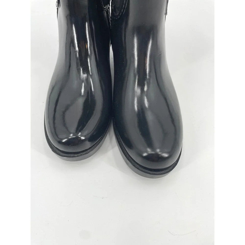 Coach Rain Boots Womens 8 Black Rubber Canvas Monogram Lace Up Tall Luxury